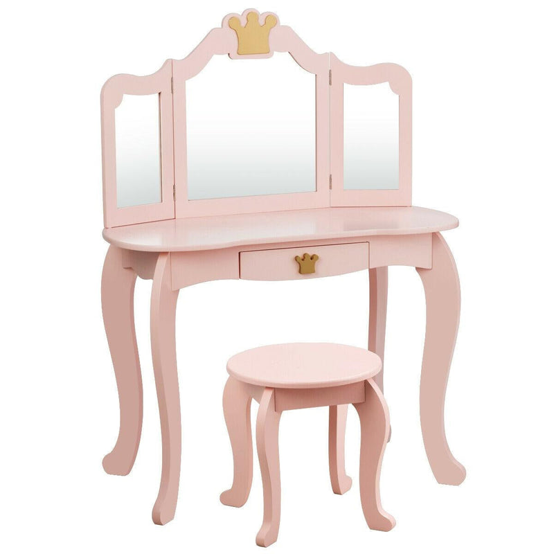 Kids Makeup Dressing Table with Tri-folding Mirror and Stool-Pink, photo 3 of 8