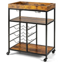 3-Tier Wood Rolling Kitchen Serving Cart with 9 Wine Bottles Rack Metal Frame-Rustic Brown by LJGDeals