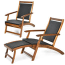 Patio Rattan Folding Lounge Chair with Acacia Wooden Frame Retractable Footrest by LJGDeals