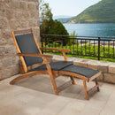 Patio Rattan Folding Lounge Chair with Acacia Wooden Frame Retractable Footrest by LJGDeals
