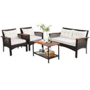 4 Pieces Patio Rattan Acacia Wood Furniture Set with Cushions and Armrest by DirectDeals