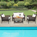 4 Pieces Patio Rattan Acacia Wood Furniture Set with Cushions and Armrest by LJGDeals