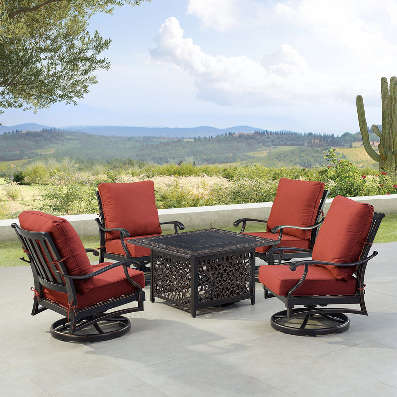 Black Aluminum Fire Table Set with Four Club Chairs