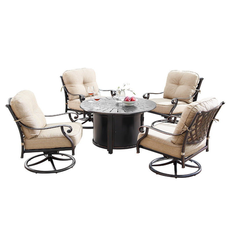 Aluminum 44-in Round Patio Fire Table Set with Swivel Rocking Chairs