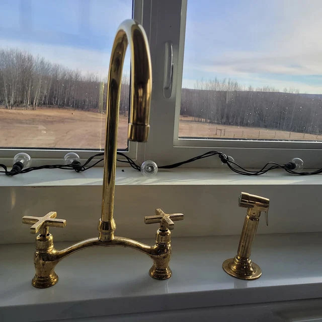 2 Hole Unlacquered Brass Kitchen Faucet With Sprayer