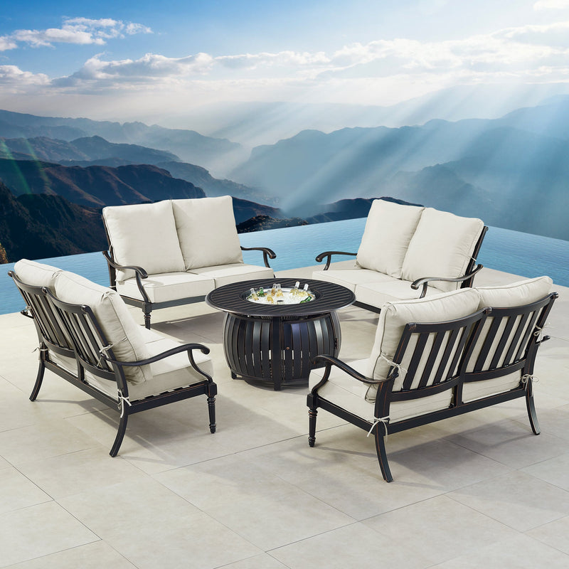 Black Aluminum Fire Table Set with Four Deep Seating Loveseats