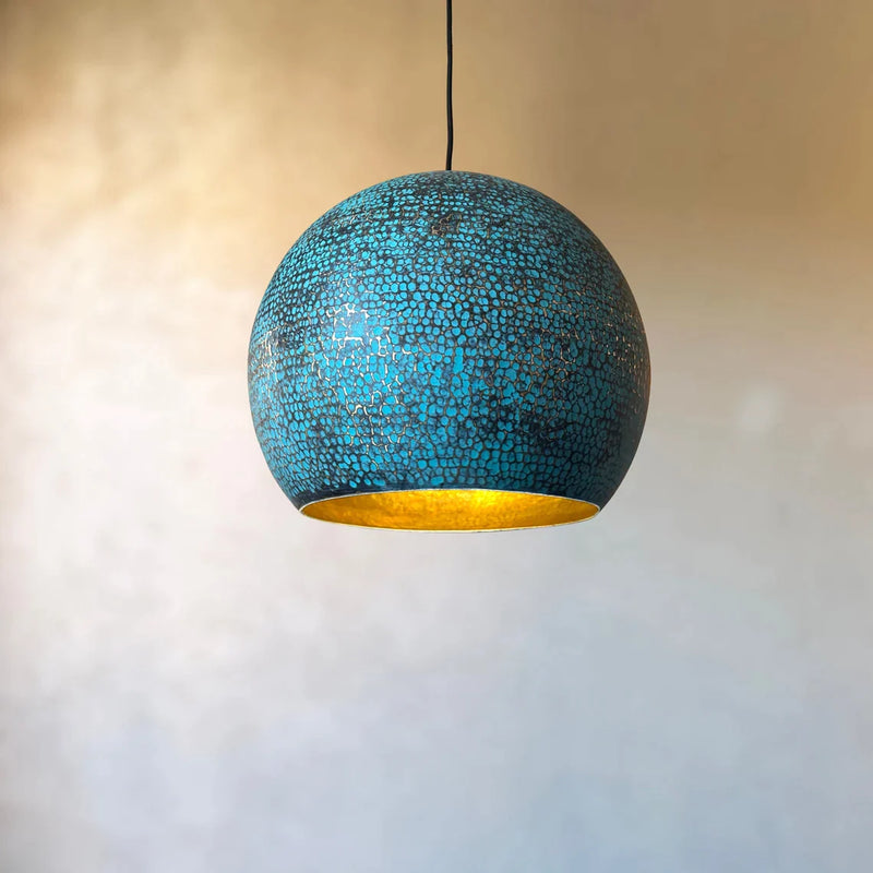 Blue Patina Brass Pendant Light, Handmade Large Dome Light