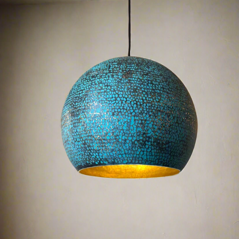 Blue Patina Brass Pendant Light, Handmade Large Dome Light