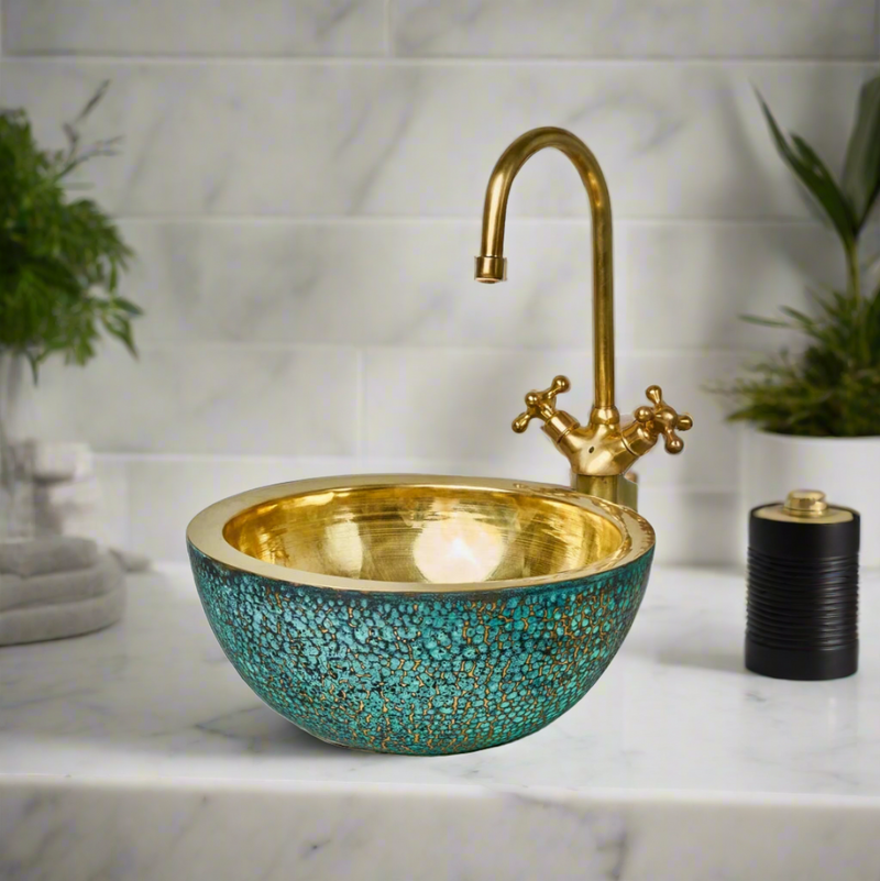 Brass Vessel Sink For Bathroom, Blue Patina Brass Sink with Faucet