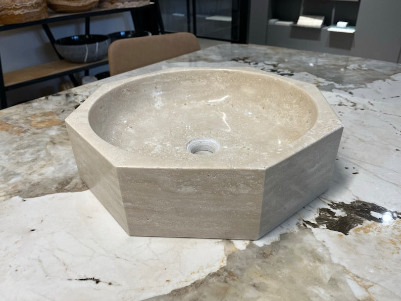 Handmade Turkish Travertine Octagon Bathroom Sink Hand Carved, photo 6 of 15