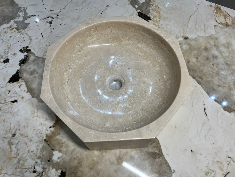 Handmade Turkish Travertine Octagon Bathroom Sink Hand Carved, photo 5 of 15