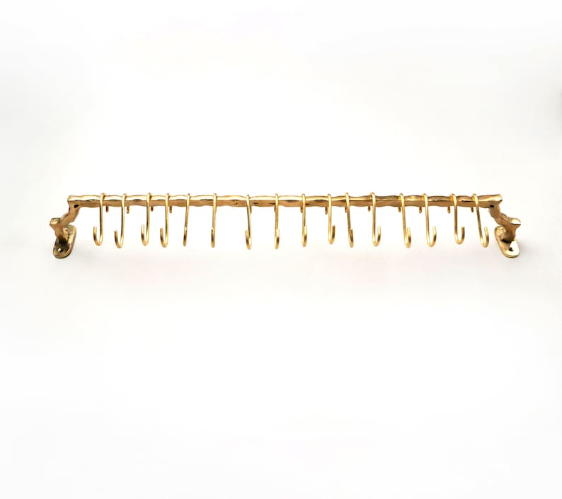 Unlacquered Solid Brass Pot Rail With Hooks, Vintage Pot Hangers for Kitchen