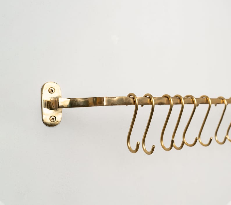 Unlacquered Solid Brass Pot Rail With Hooks, Vintage Pot Hangers for Kitchen
