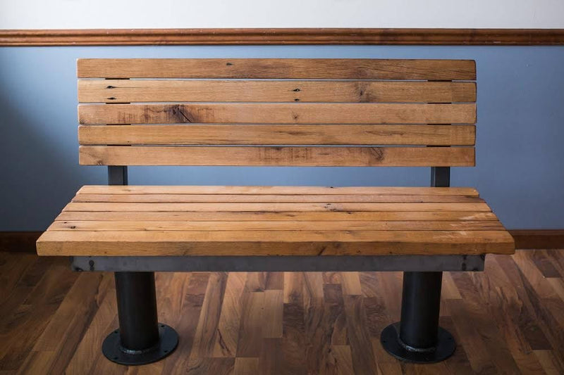 Bolted Down Bench With Back - Reclaimed Furniture For Restaurants - Wooden Bench With Back For Cafe