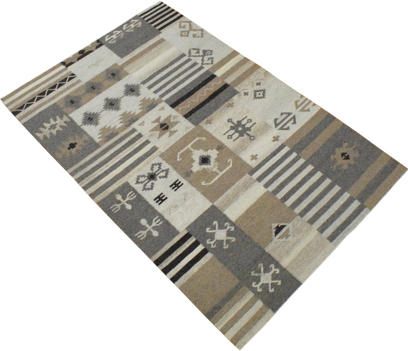 4x6, 5x8, 8x10 Dhurrie Rug, Beige Brown Tribal Pattern Rug