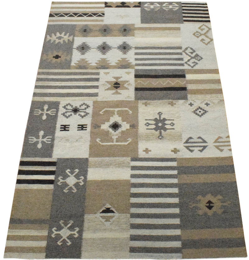 4x6, 5x8, 8x10 Dhurrie Rug, Beige Brown Tribal Pattern Rug