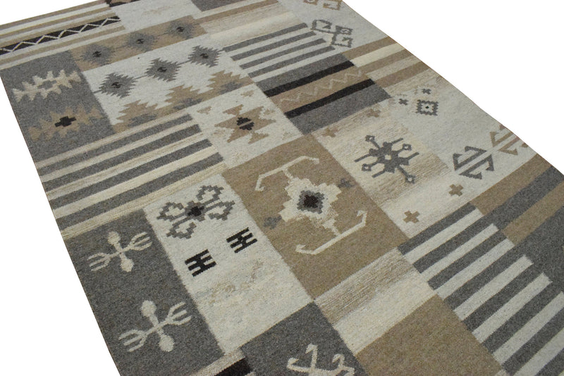 4x6, 5x8, 8x10 Dhurrie Rug, Beige Brown Tribal Pattern Rug