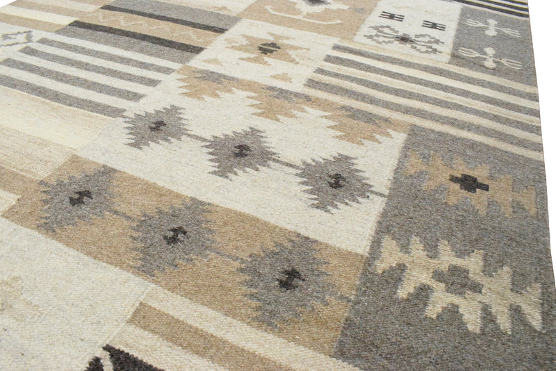 4x6, 5x8, 8x10 Dhurrie Rug, Beige Brown Tribal Pattern Rug