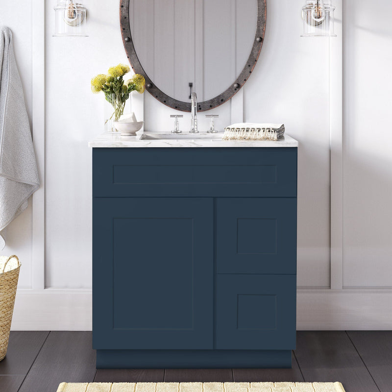 30 Inch Navy Blue Shaker Single Sink Bathroom Vanity with Drawers on the Right