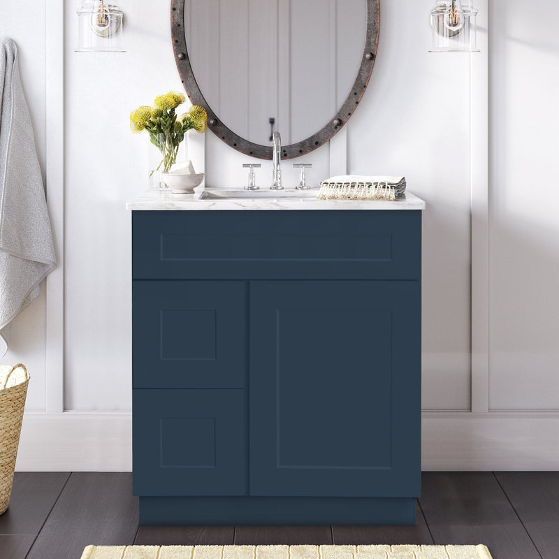 30 Inch Navy Blue Shaker Single Sink Bathroom Vanity with Drawers on the Left