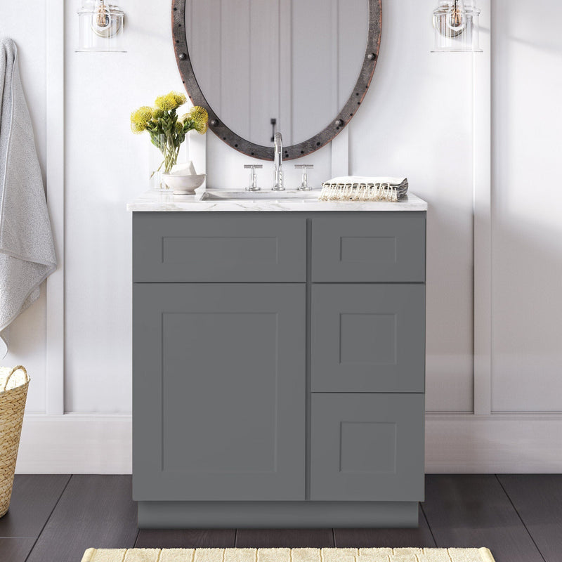 30 Inch Grey Shaker Single Sink Bathroom Vanity with Drawers on the Right