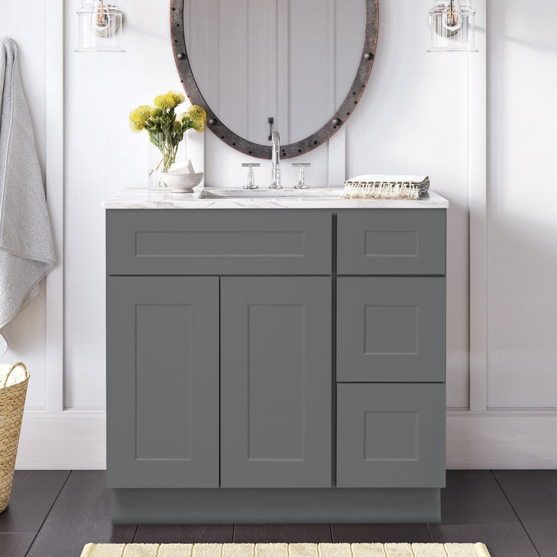 36 Inch Grey Shaker Single Sink Bathroom Vanity with Drawers on the Right