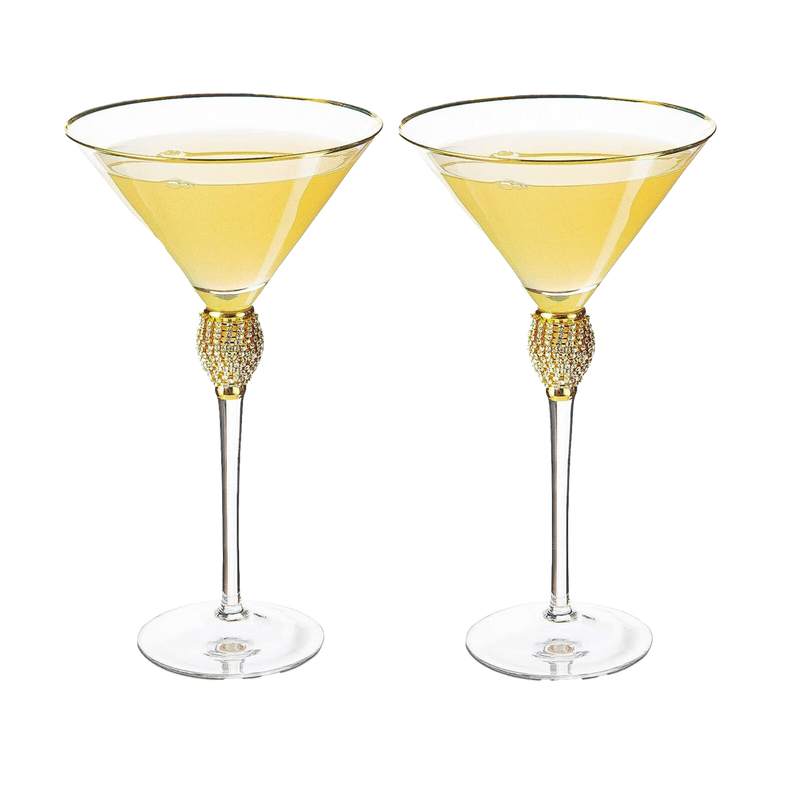 Diamond Collection 2 Piece Stemmed Martini Set - Rhinestone For Drinking Martinis, Manhattans, Vodka, Gin, Cocktails Gold Accent Cocktail Glasses, Perfect For Any Bar or Party 10oz - Swarovski Style