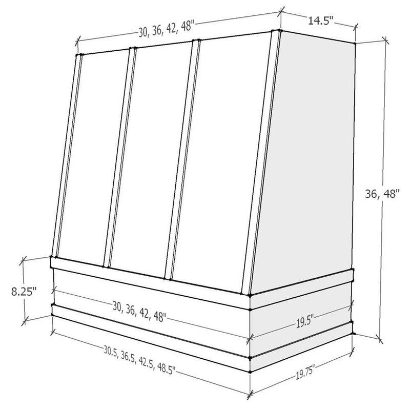 Stained Gray Wood Range Hood With Angled Strapped Front and Block Trim - 30", 36", 42", 48", 54" and 60" Widths Available