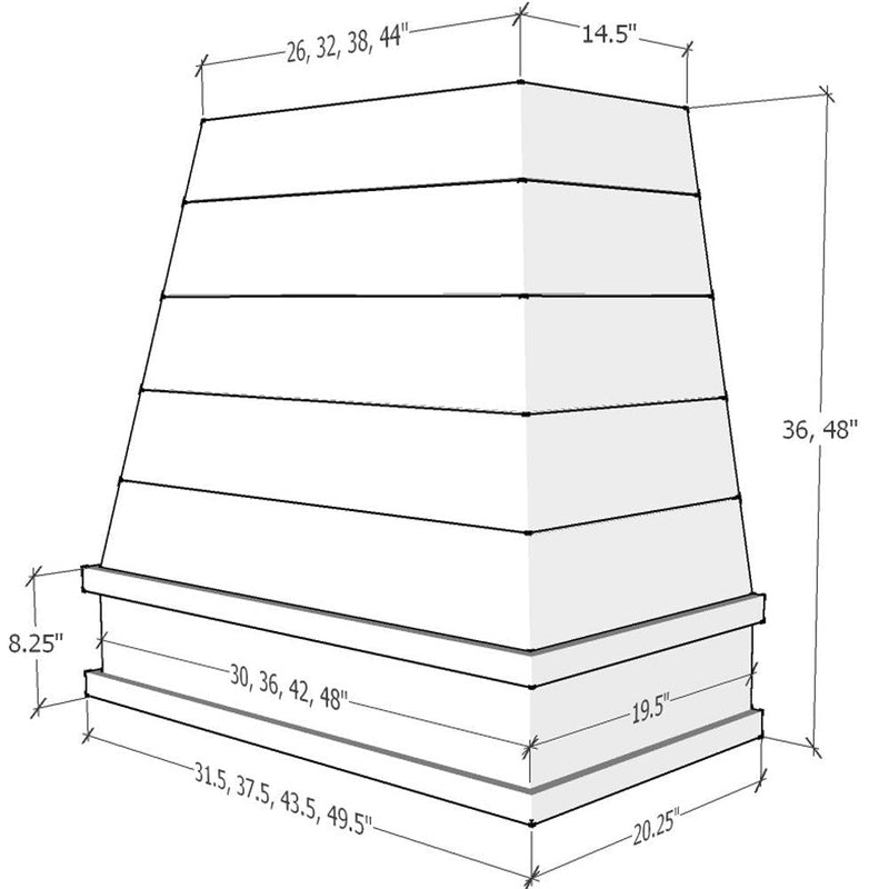 Primed Wood Range Hood With Tapered Shiplap Front and Block Trim - 30", 36", 42", 48", 54" and 60" Widths Available