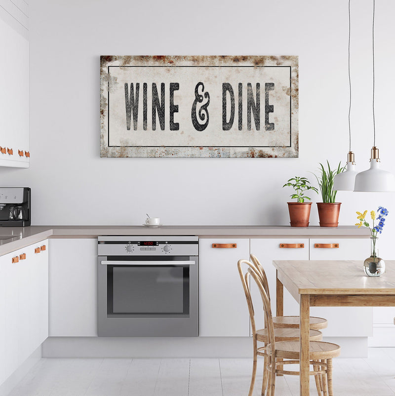 Wine And Dine Printed Canvas Rusty Sign Distressed Wall Art Cute Sign Wood Frame Wood And Canvas Sign Funny Kitchen Sign