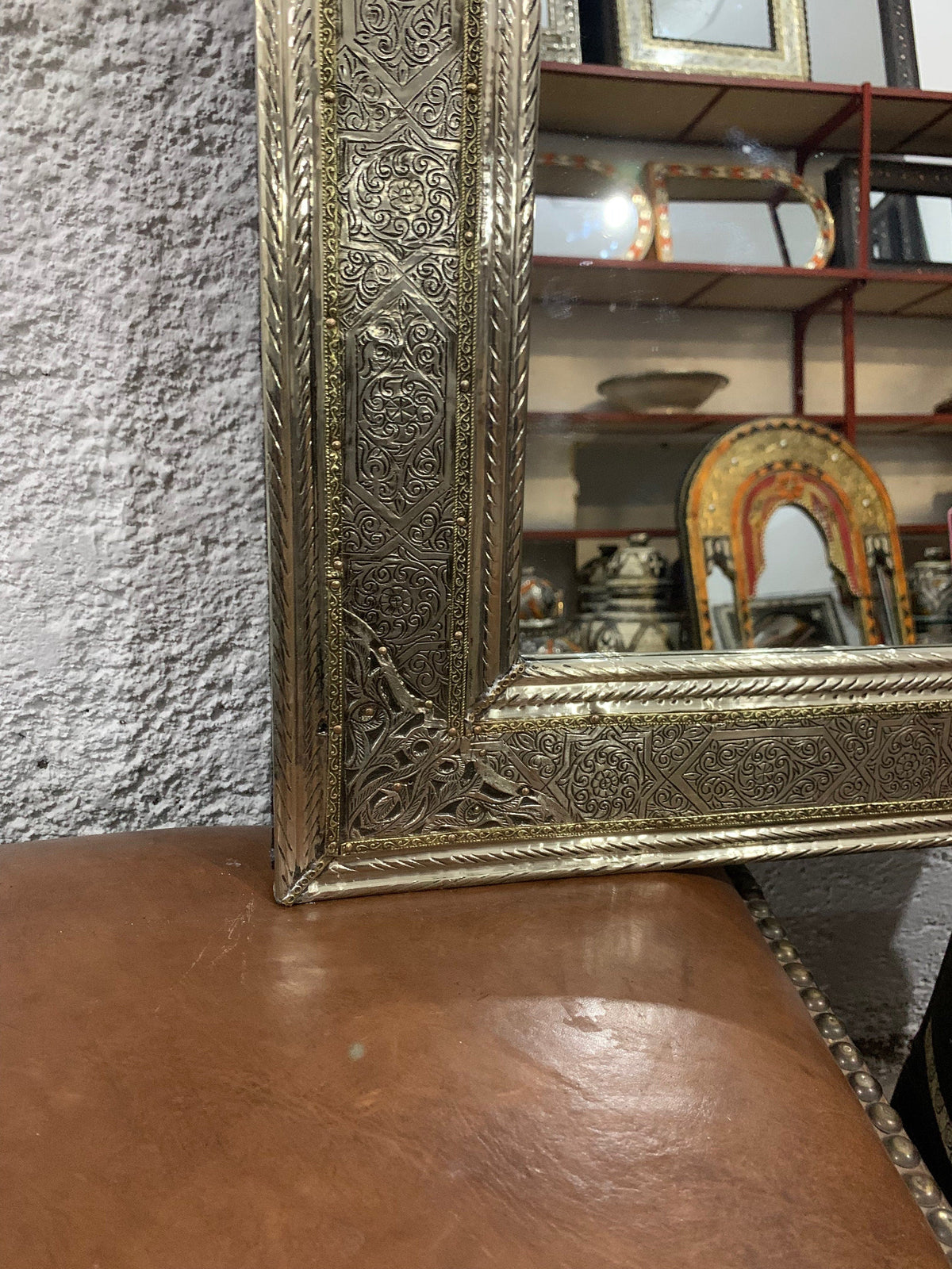 Moroccan Handmade Silver Wall Mirror with Engravings, photo 5 of 9