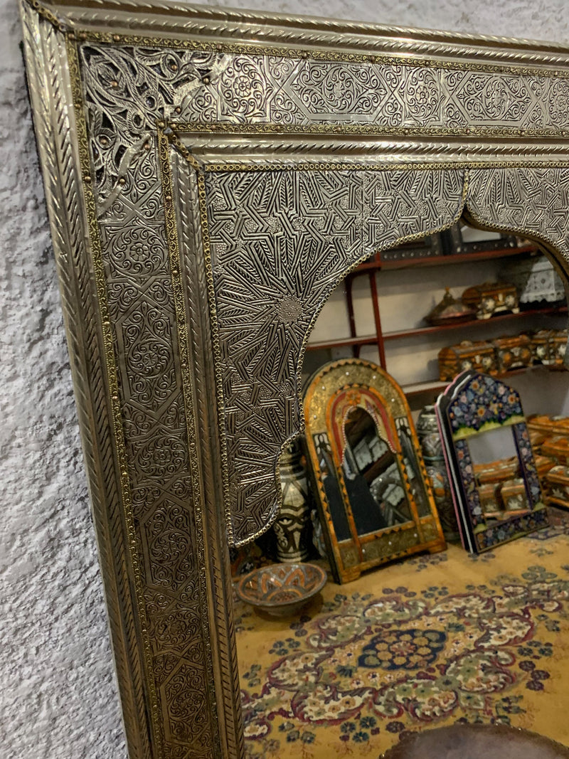 Moroccan Handmade Silver Wall Mirror with Engravings