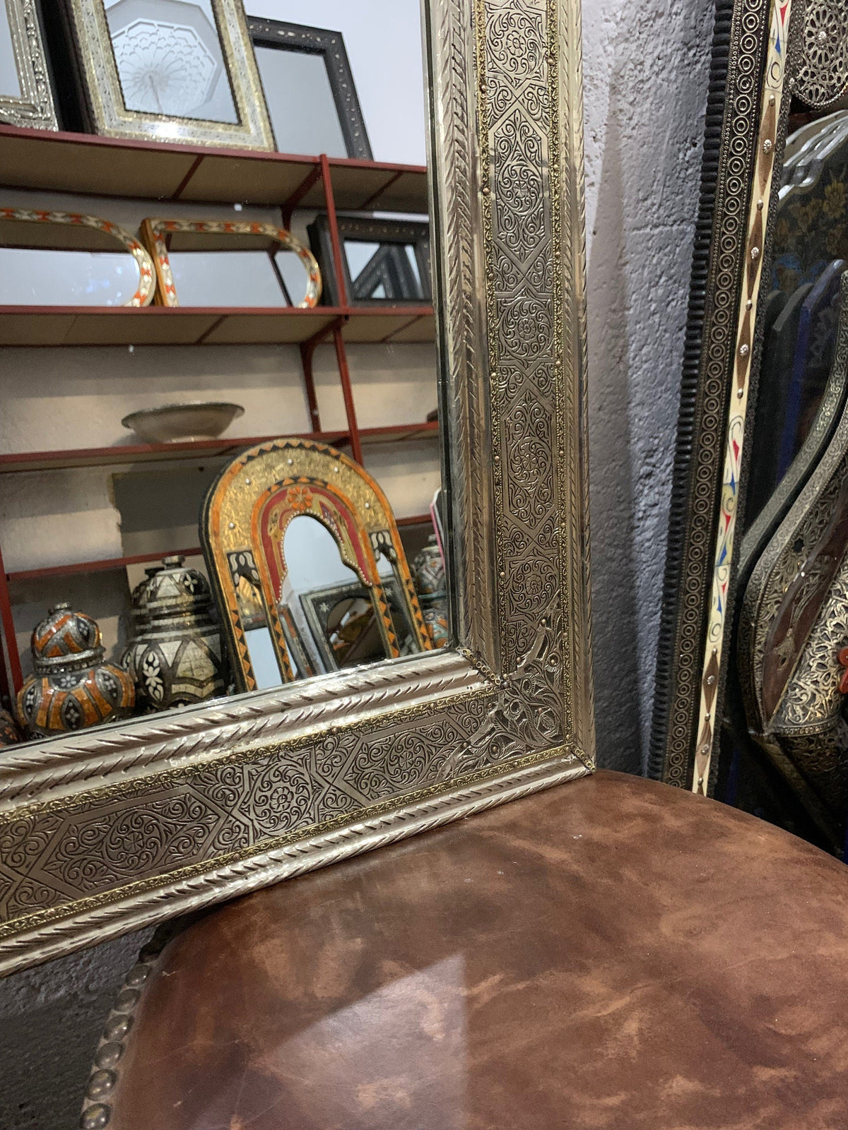 Moroccan Handmade Silver Wall Mirror with Engravings, photo 4 of 9