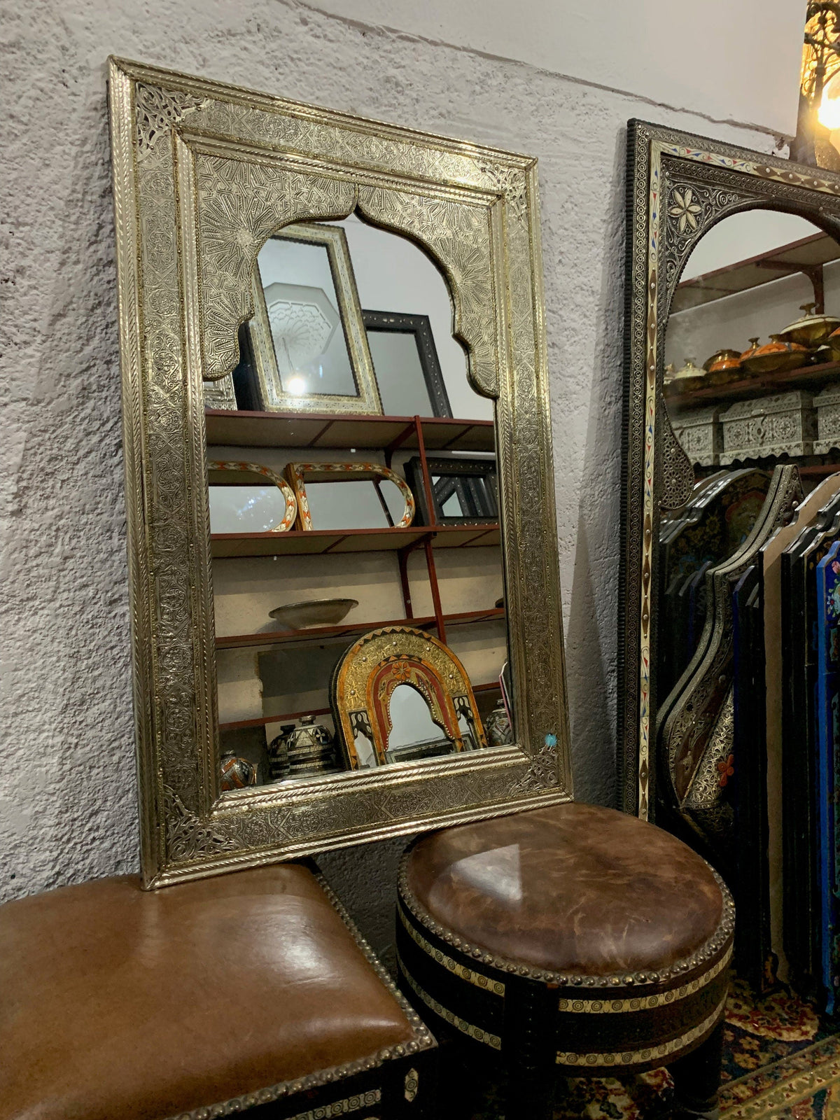 Moroccan Handmade Silver Wall Mirror with Engravings