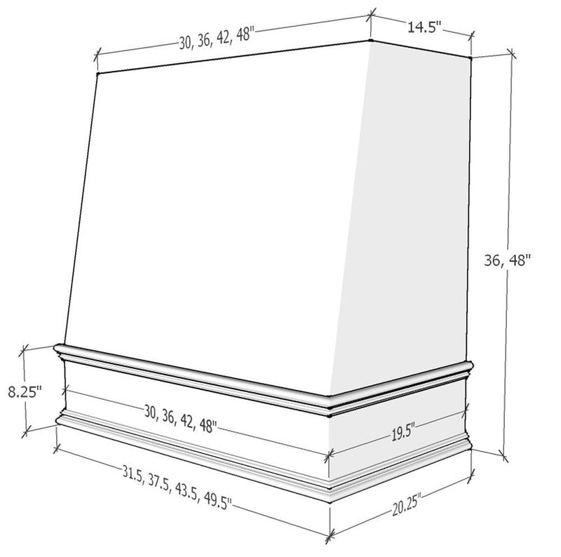 Primed Wood Range Hood With Angled Front and Decorative Trim - 30", 36", 42", 48", 54" and 60" Widths Available