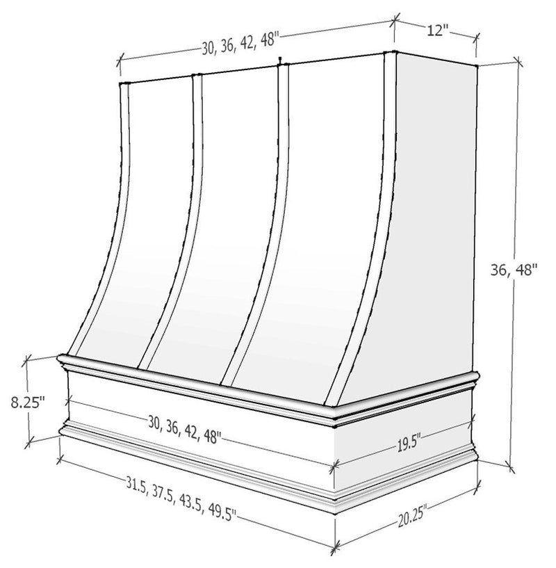 Primed Wood Range Hood With Sloped Strapped Front and Decorative Trim - 30", 36", 42", 48", 54" and 60" Widths Available