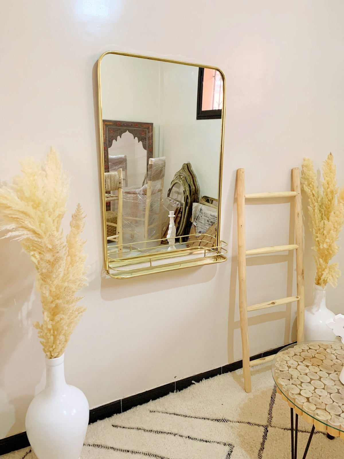 Brass Mirror With Shelf -  Wall Storage Bathroom