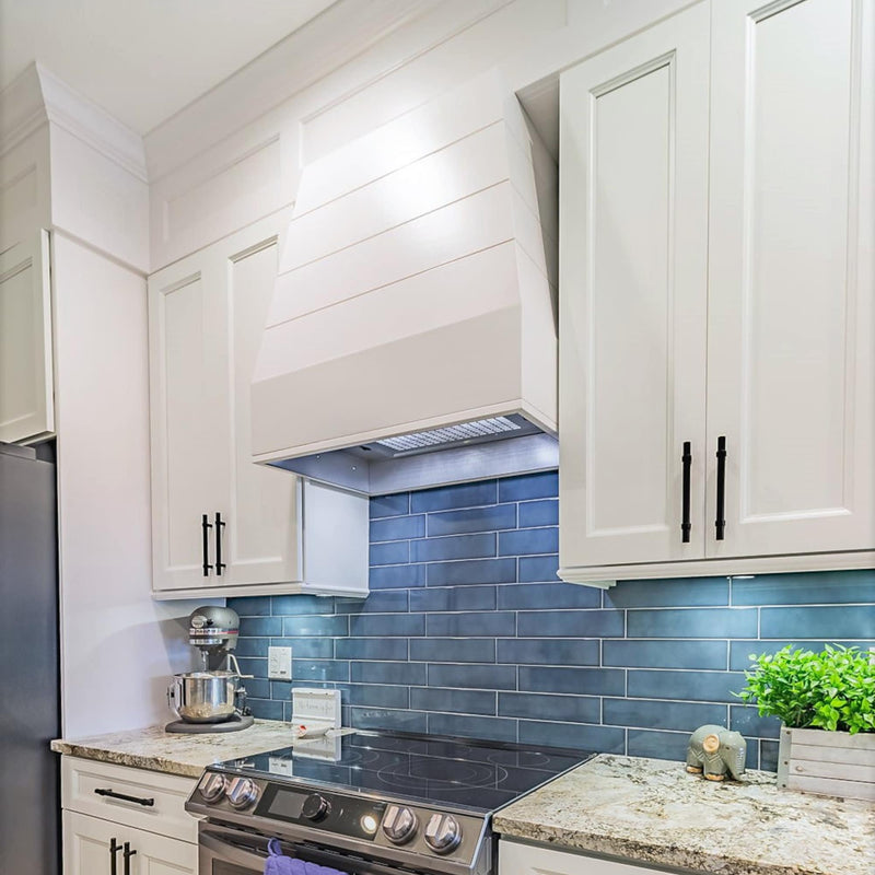 White Wood Range Hood With Tapered Shiplap Front and Block Trim - 30", 36", 42", 48", 54" and 60" Widths Available