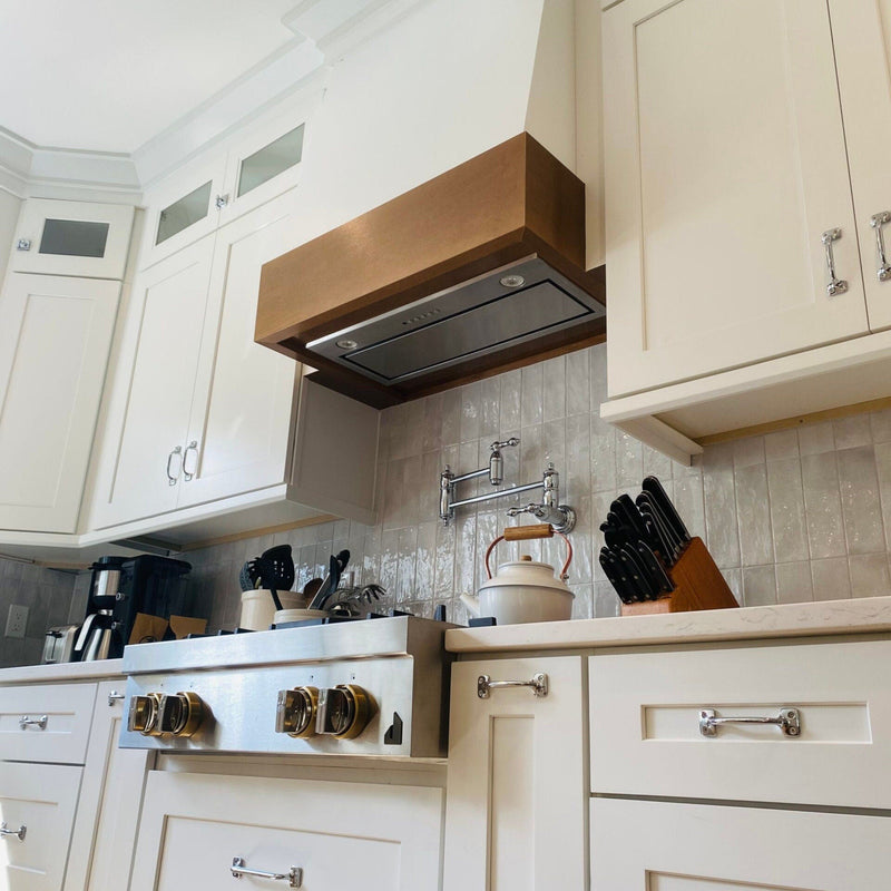 Black Wood Range Hood With Angled Front and Walnut Band - 30", 36", 42", 48", 54" and 60" Widths Available