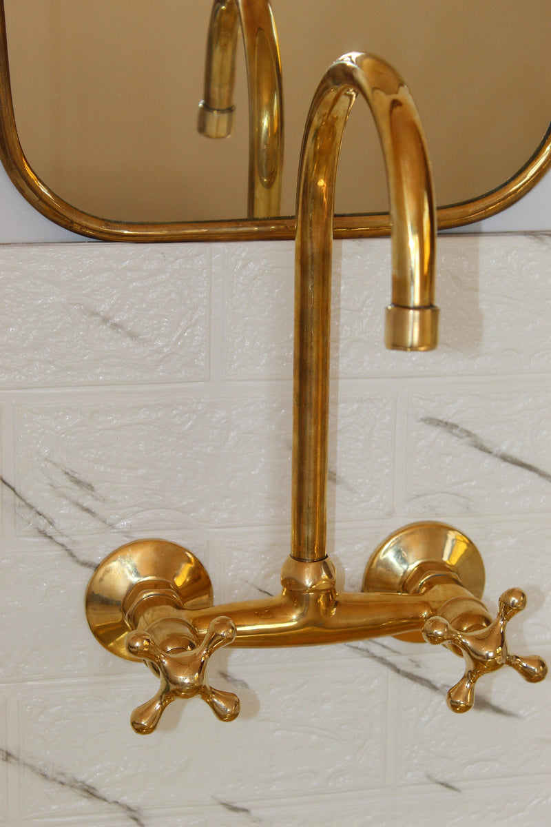 Unlacquered Brass Kitchen Wall Mount Faucet With Cross Handles