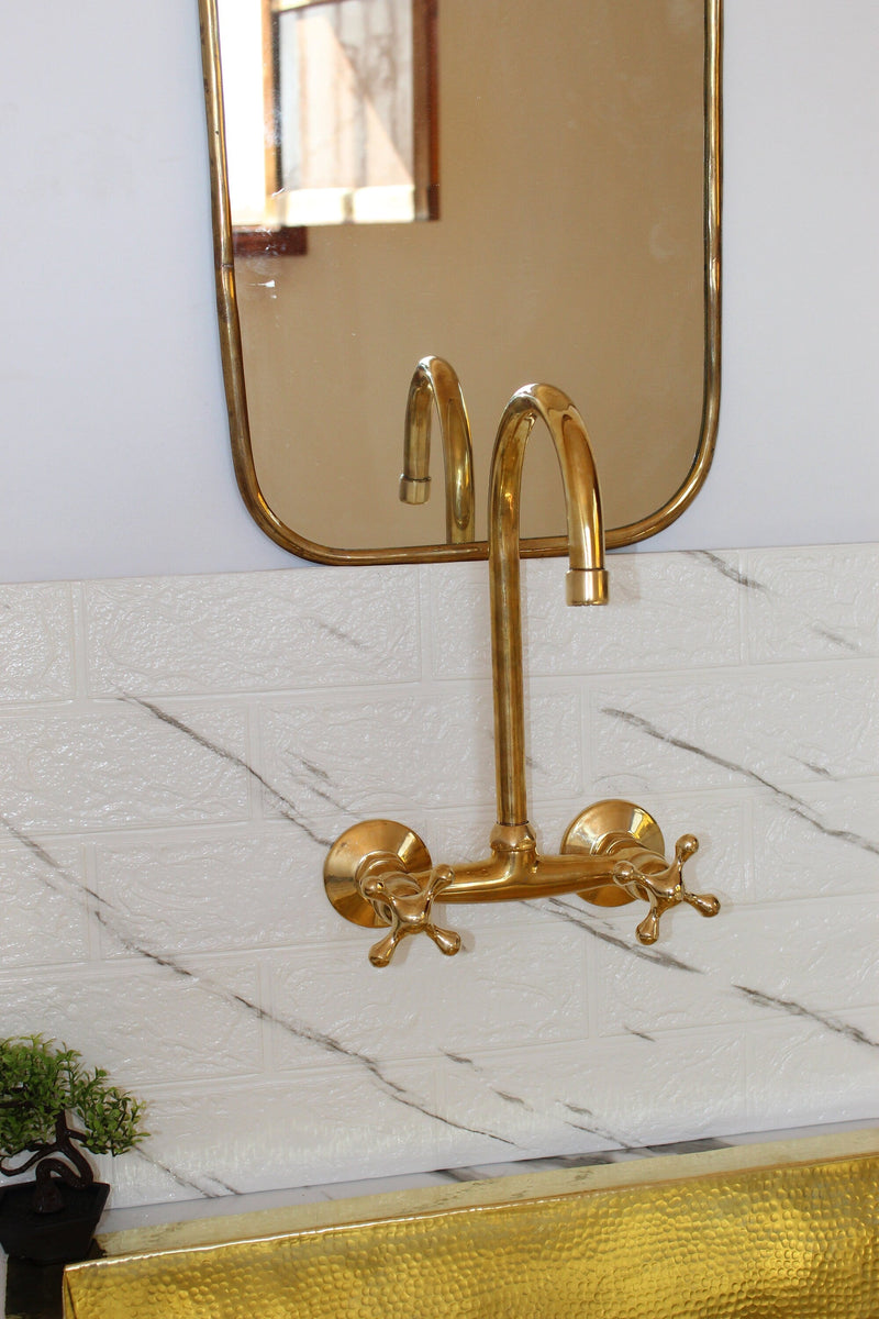Unlacquered Brass Kitchen Wall Mount Faucet With Cross Handles