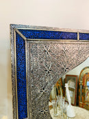 Vintage Moroccan Blue Engraved Frame Wall Mirror