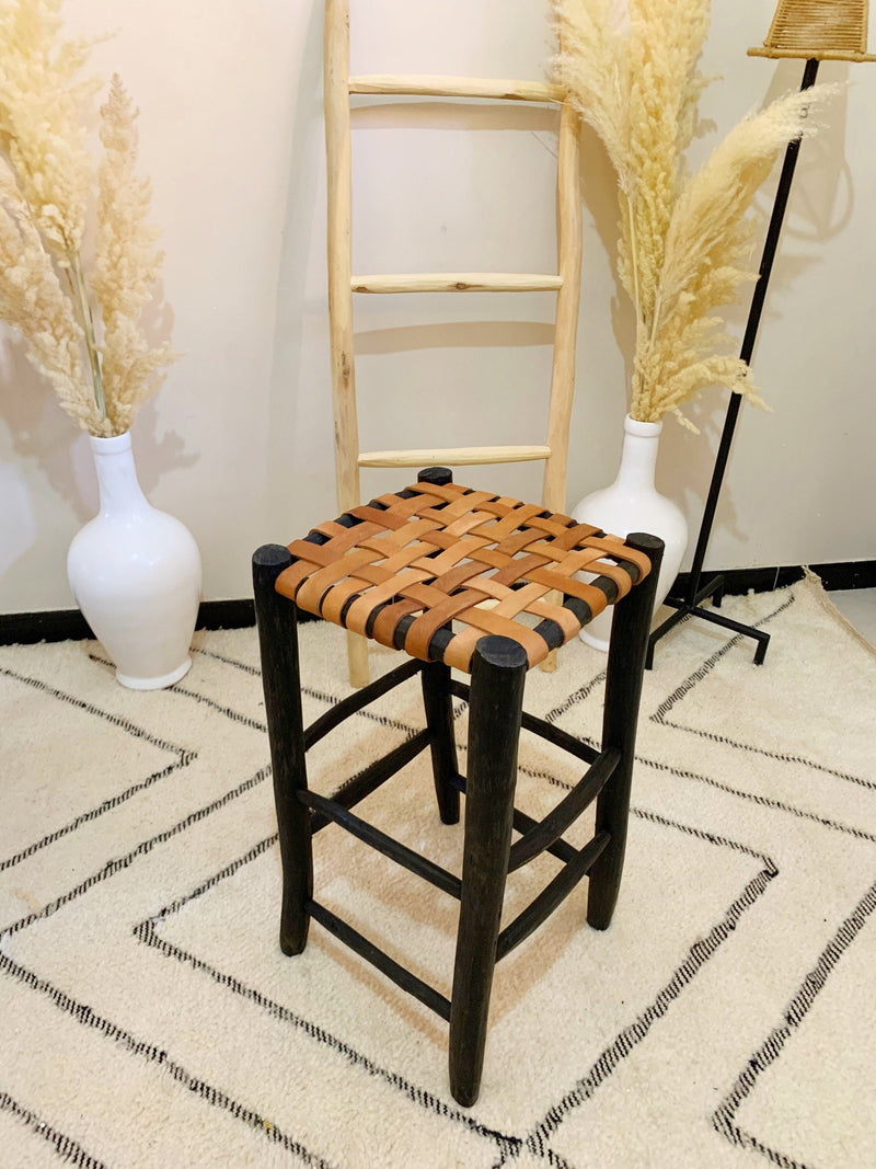 Black Leather Bar Stools - Backless  Wooden