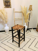 Black Leather Bar Stools - Backless  Wooden
