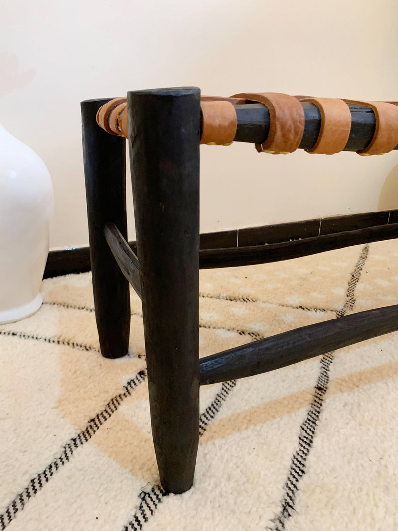White Leather Wood Bench - Boho Handmade Wooden Bench