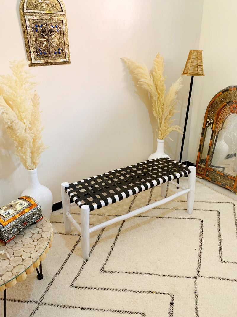 White Leather Wood Bench - Boho Handmade Wooden Bench