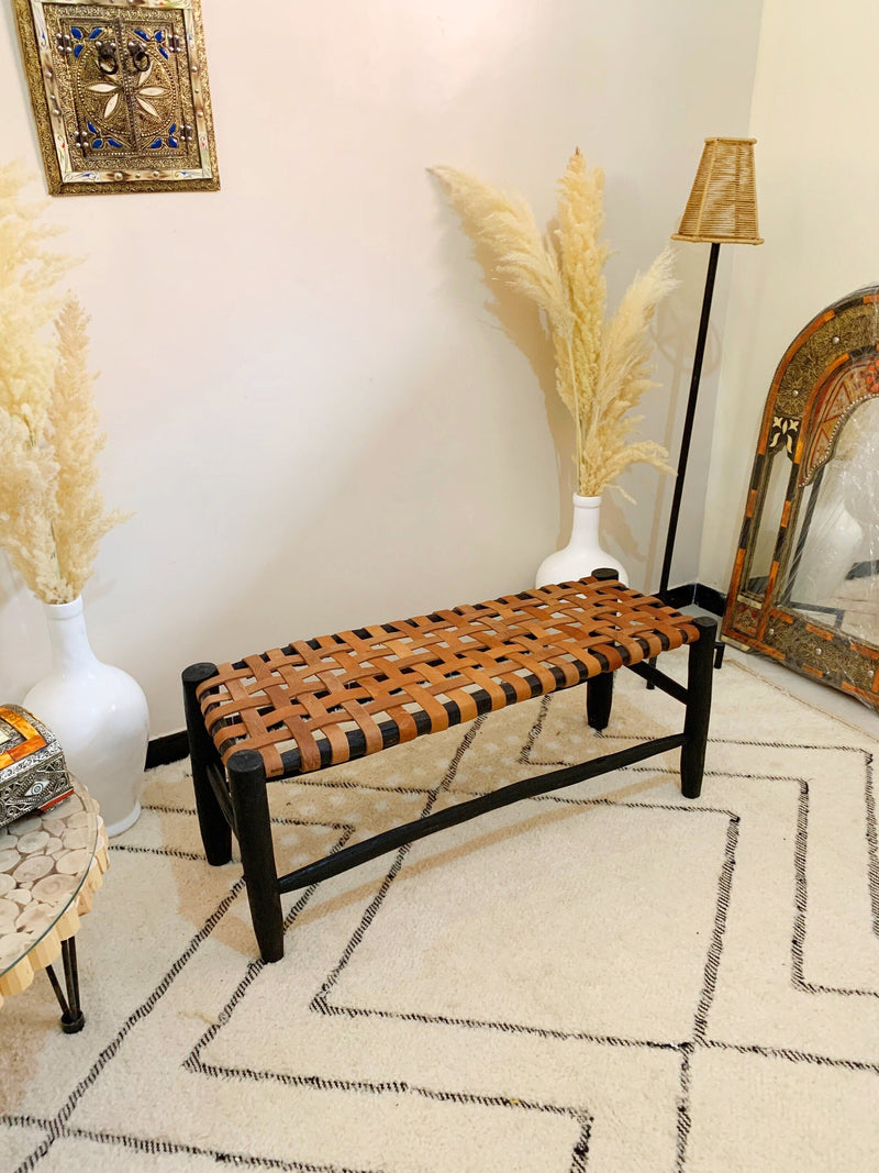 Wooden Leather Bedroom Bench - Boho Wood Bench