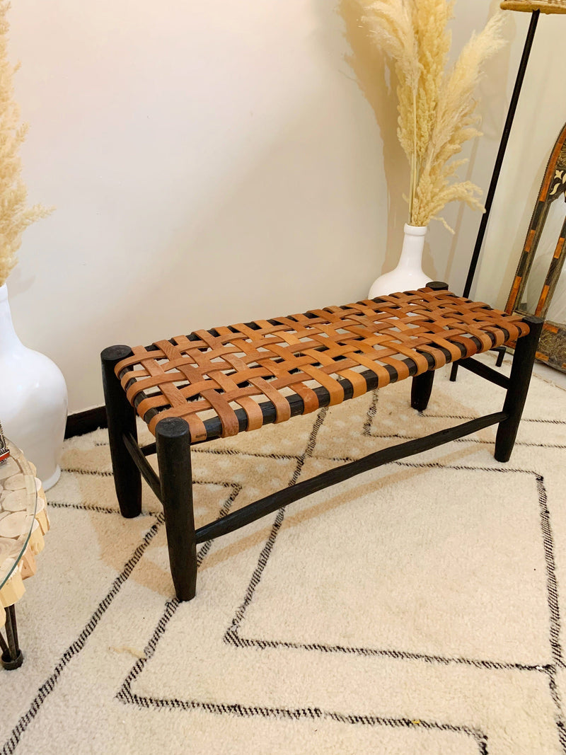 White Leather Wood Bench - Boho Handmade Wooden Bench
