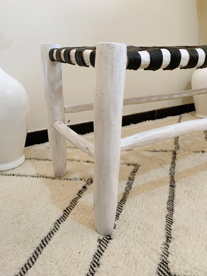 White Leather Wood Bench - Boho Handmade Wooden Bench