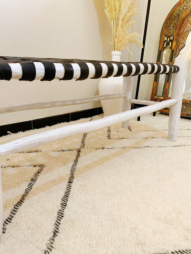 White Leather Wood Bench - Boho Handmade Wooden Bench